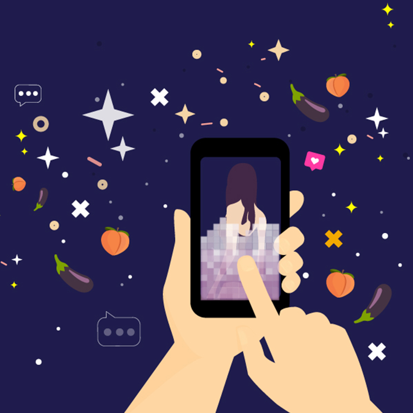 Grafik der viser mobil med billede af pige og seksuelle emojis