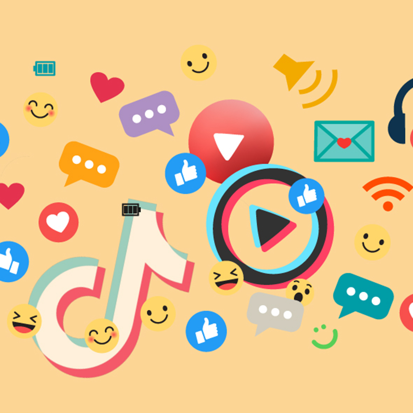 Illustration med digitale ikoner: likes, emojis, sociale medier