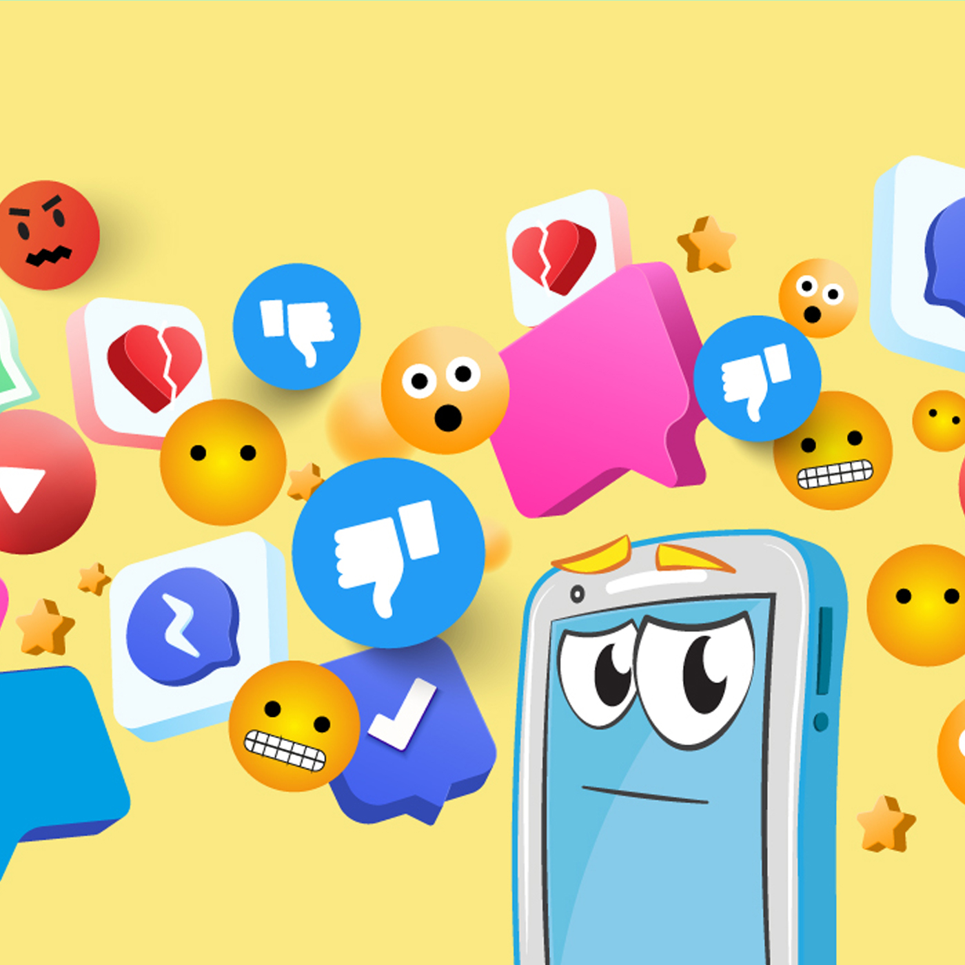 Illustration med digitale ikoner: likes, emojis, beskeder