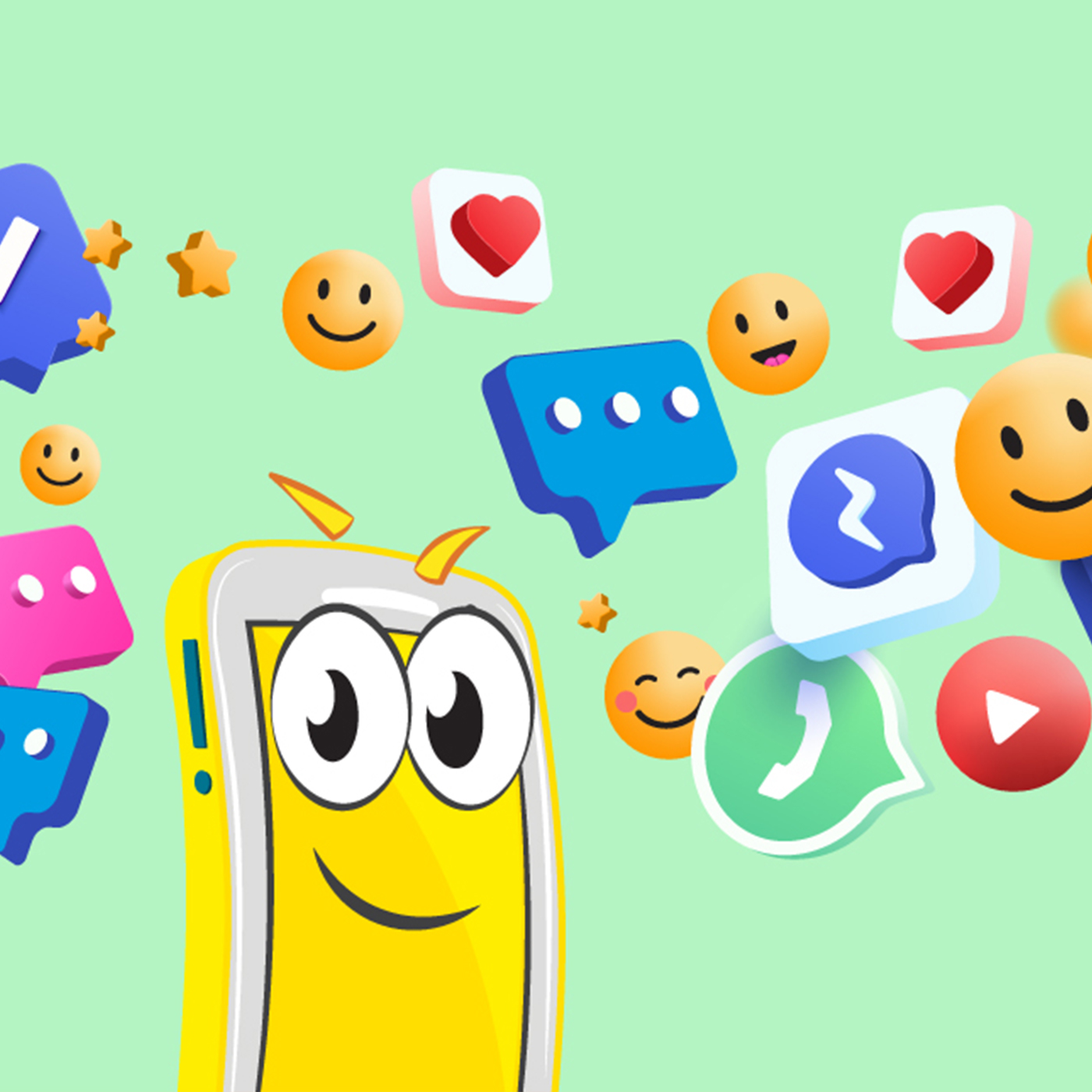 Illustration med digitale ikoner: likes, emojis, beskeder