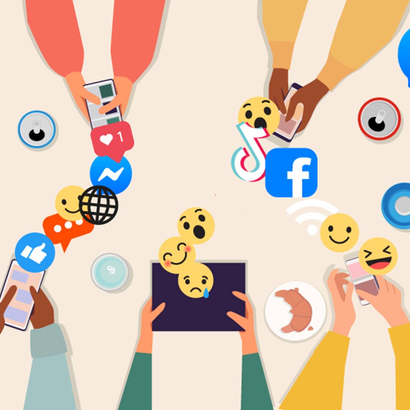 Grafik der viser mobiler og tablets med sociale medier og emojis