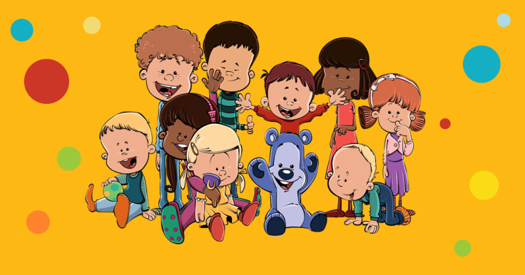 Tegning med ni børn og en bamse